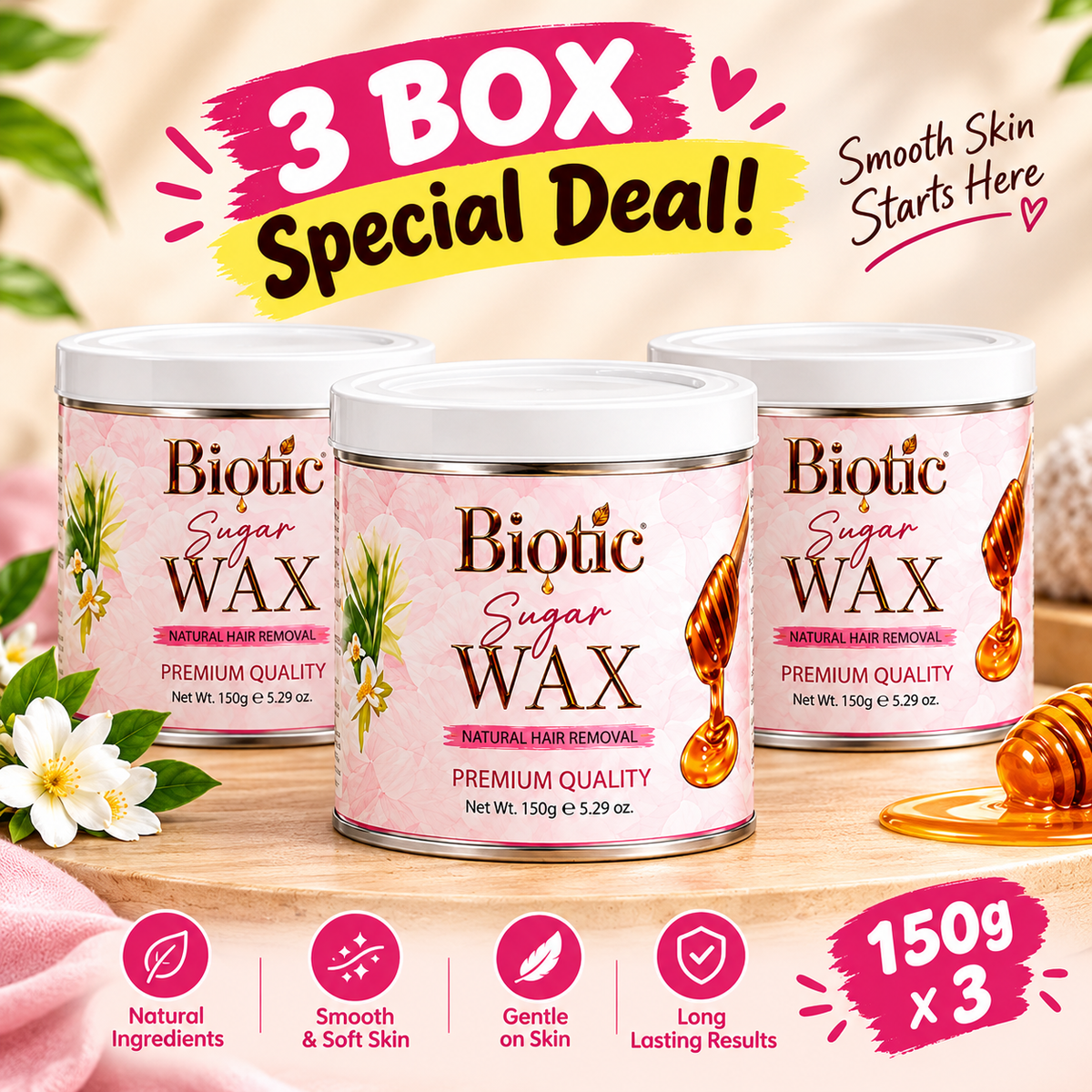 Biotic Sugar Wax™ 150g × 3 Jars – Professional Hair Removal Wax Bundle